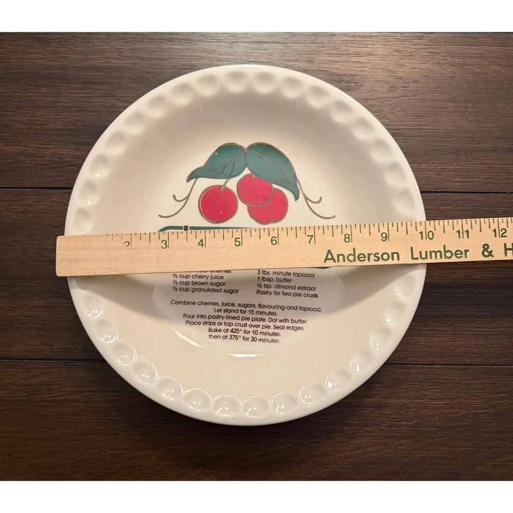 Vintage Cherry Pie Recipe Ceramic Pie Plate Scalloped Rim 10 Inch White Dish